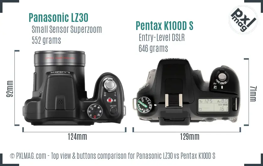Panasonic LZ30 vs Pentax K100D S top view buttons comparison