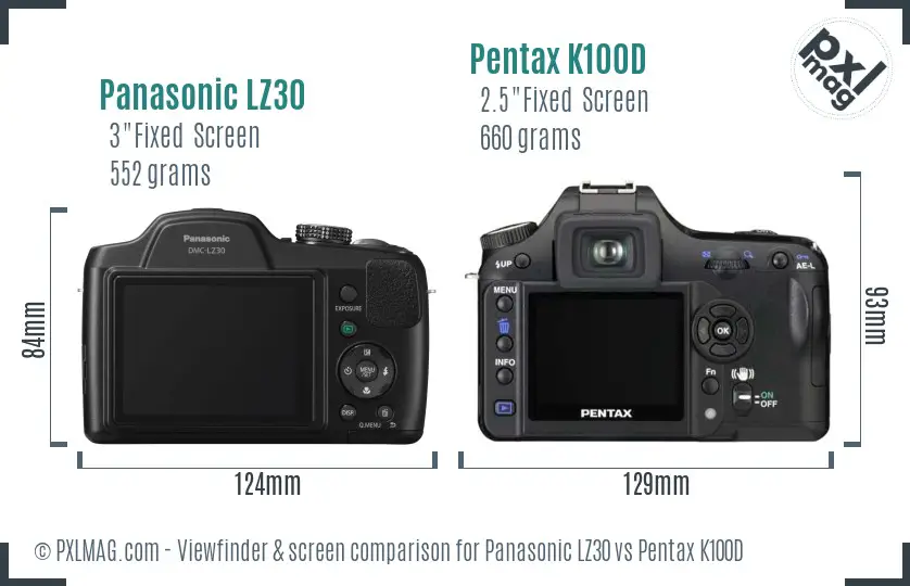 Panasonic LZ30 vs Pentax K100D Screen and Viewfinder comparison