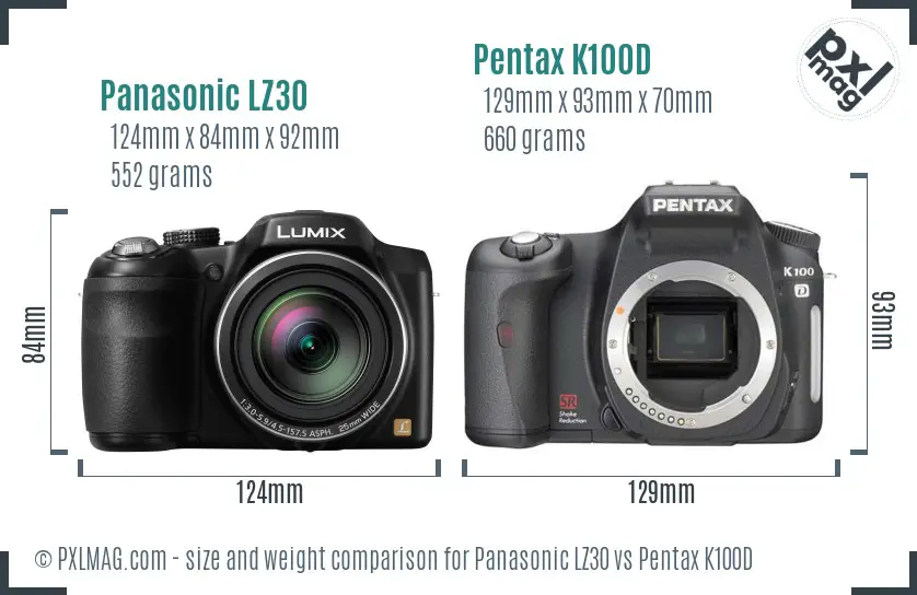 Panasonic LZ30 vs Pentax K100D size comparison