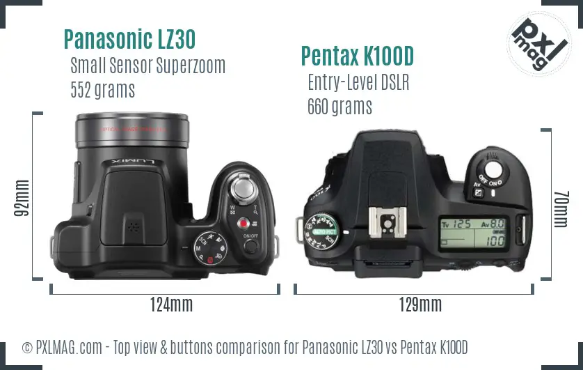 Panasonic LZ30 vs Pentax K100D top view buttons comparison