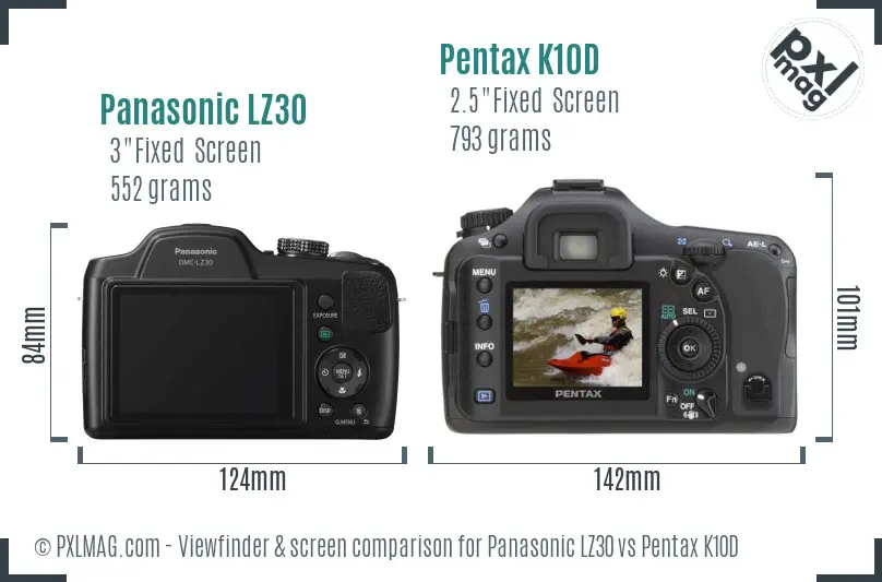 Panasonic LZ30 vs Pentax K10D Screen and Viewfinder comparison