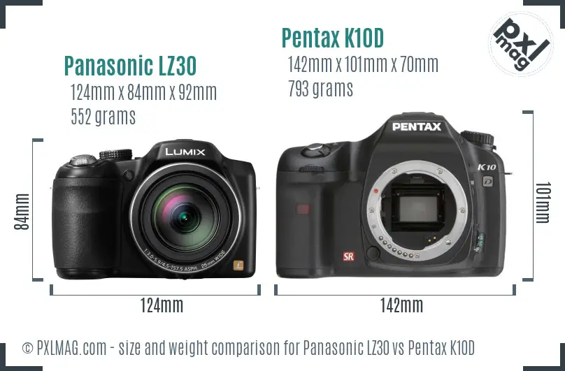 Panasonic LZ30 vs Pentax K10D size comparison