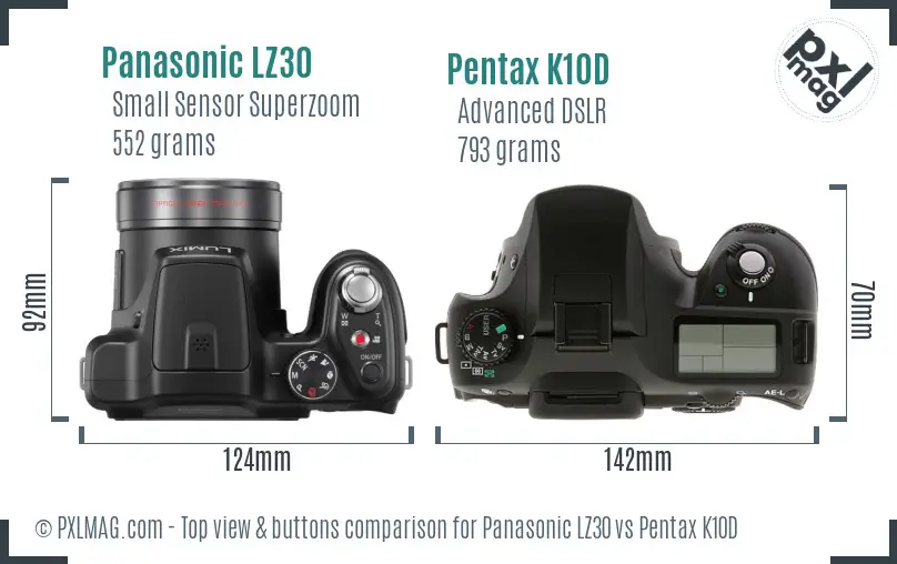 Panasonic LZ30 vs Pentax K10D top view buttons comparison
