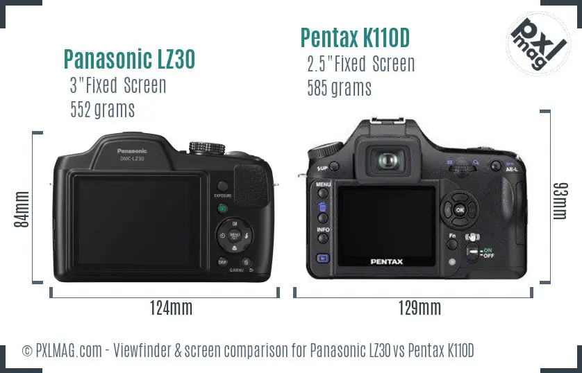 Panasonic LZ30 vs Pentax K110D Screen and Viewfinder comparison