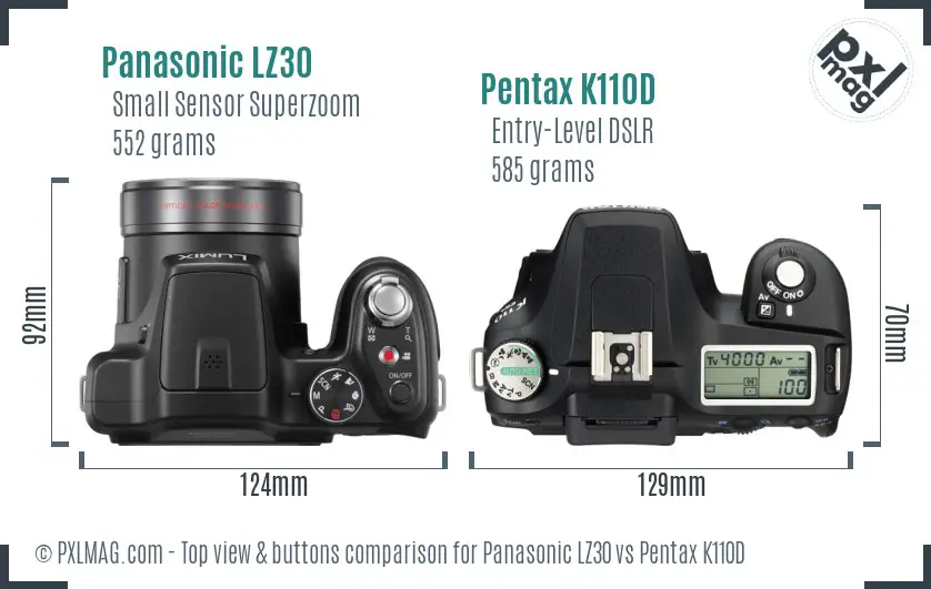 Panasonic LZ30 vs Pentax K110D top view buttons comparison