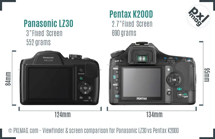 Panasonic LZ30 vs Pentax K200D Screen and Viewfinder comparison