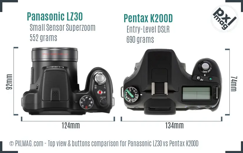 Panasonic LZ30 vs Pentax K200D top view buttons comparison