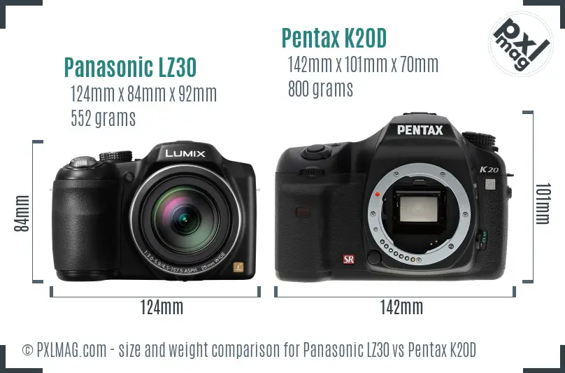 Panasonic LZ30 vs Pentax K20D size comparison