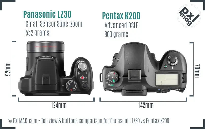 Panasonic LZ30 vs Pentax K20D top view buttons comparison