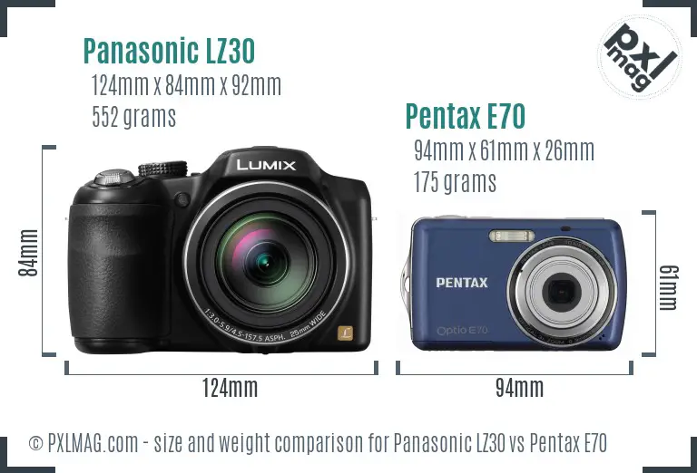 Panasonic LZ30 vs Pentax E70 size comparison