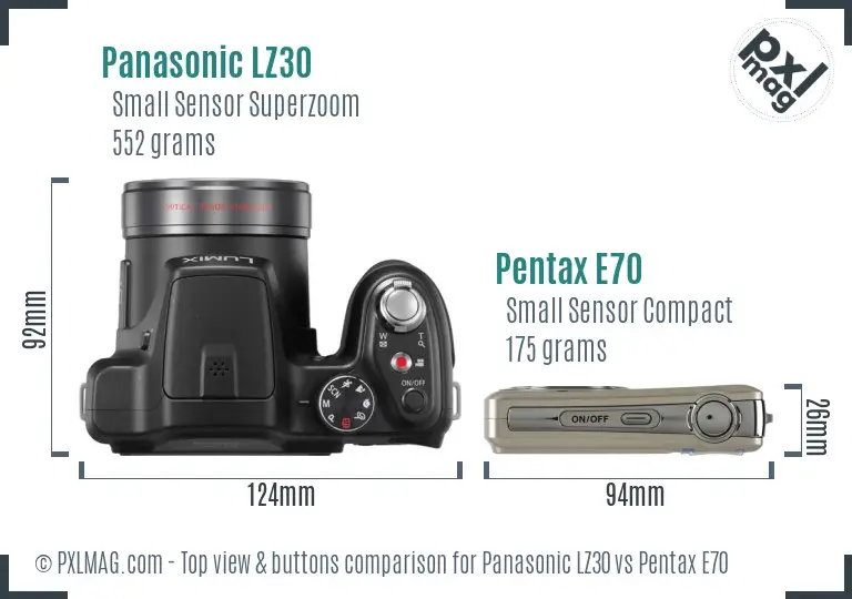 Panasonic LZ30 vs Pentax E70 top view buttons comparison