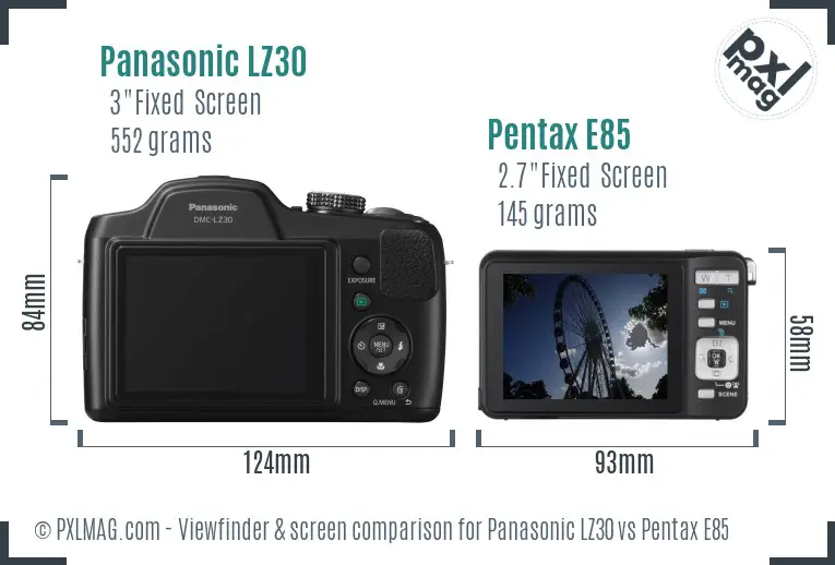 Panasonic LZ30 vs Pentax E85 Screen and Viewfinder comparison