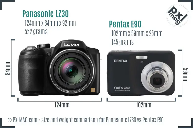 Panasonic LZ30 vs Pentax E90 size comparison