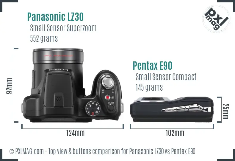 Panasonic LZ30 vs Pentax E90 top view buttons comparison