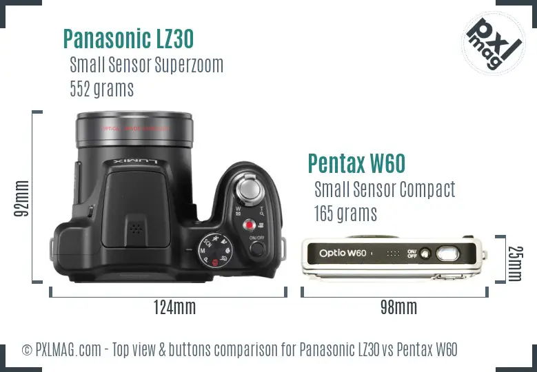 Panasonic LZ30 vs Pentax W60 top view buttons comparison