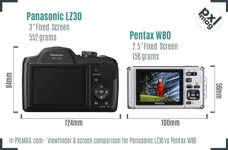 Panasonic LZ30 vs Pentax W80 Screen and Viewfinder comparison