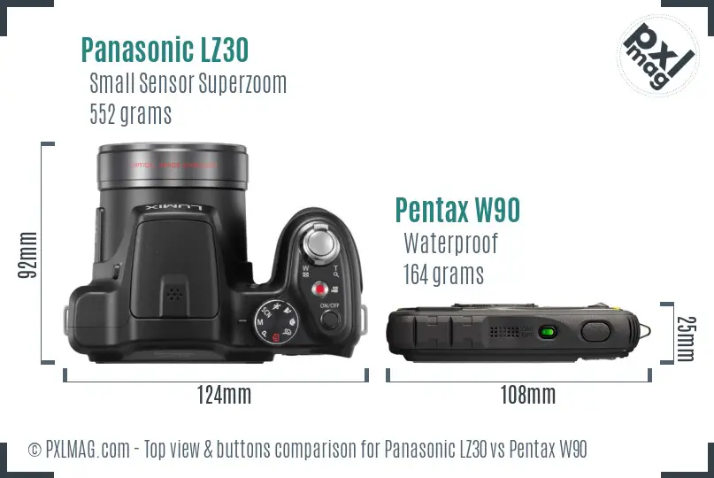 Panasonic LZ30 vs Pentax W90 top view buttons comparison