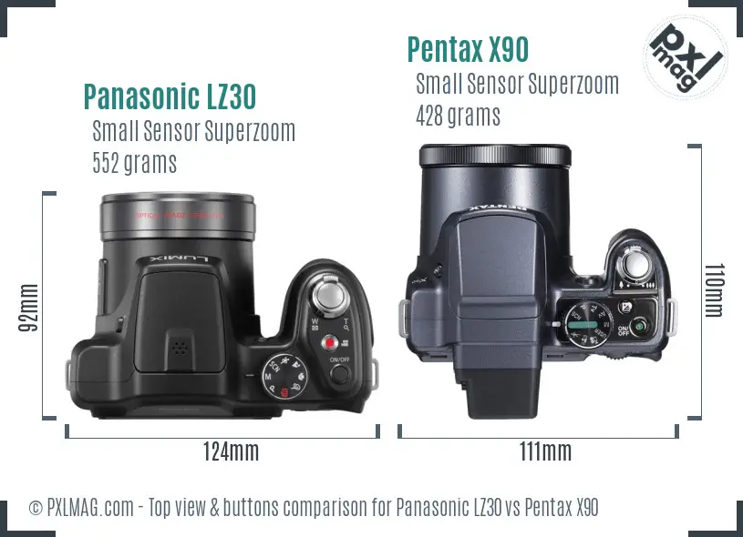 Panasonic LZ30 vs Pentax X90 top view buttons comparison Panasonic LZ30 vs Pentax X90 top view buttons comparison