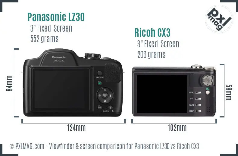 Panasonic LZ30 vs Ricoh CX3 Screen and Viewfinder comparison