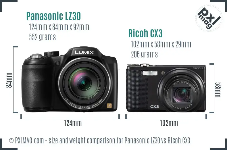 Panasonic LZ30 vs Ricoh CX3 size comparison