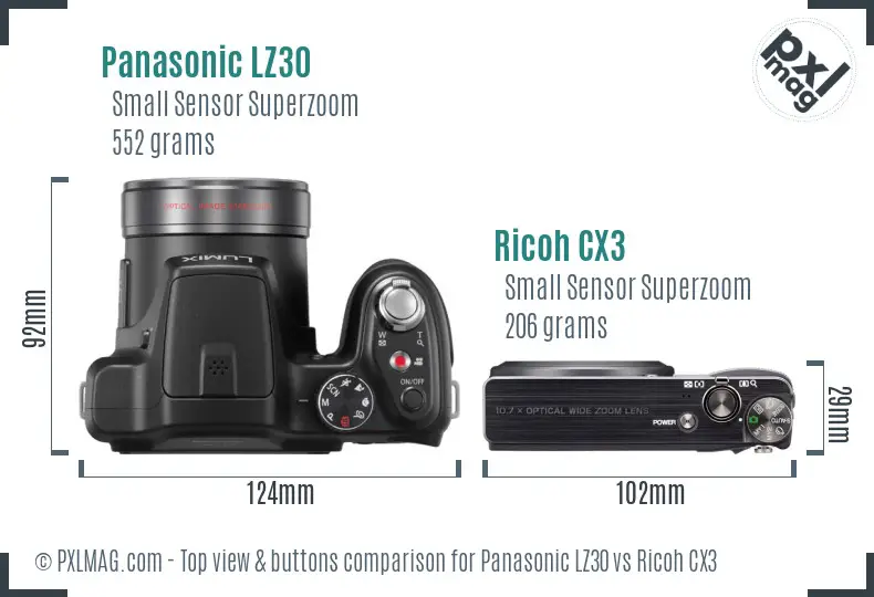 Panasonic LZ30 vs Ricoh CX3 top view buttons comparison