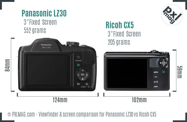 Panasonic LZ30 vs Ricoh CX5 Screen and Viewfinder comparison