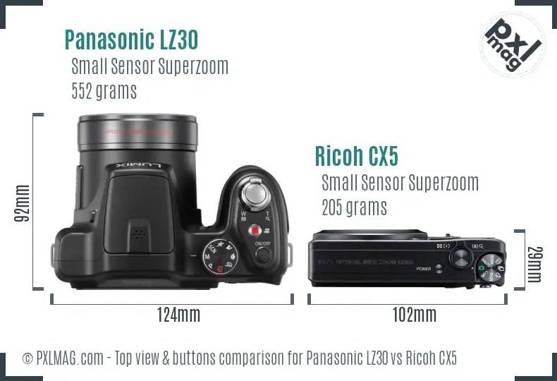 Panasonic LZ30 vs Ricoh CX5 top view buttons comparison