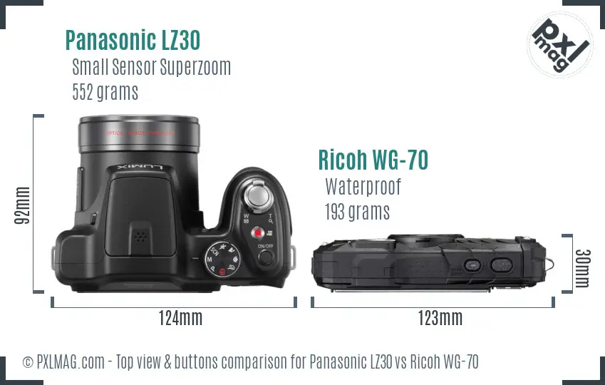 Panasonic LZ30 vs Ricoh WG-70 top view buttons comparison
