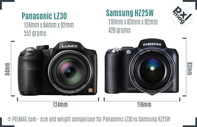 Panasonic LZ30 vs Samsung HZ25W size comparison