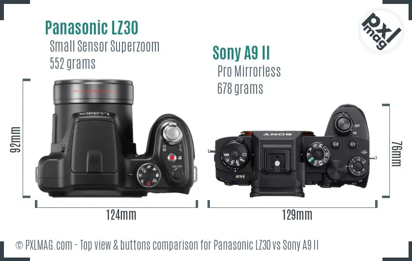 Panasonic LZ30 vs Sony A9 II top view buttons comparison Panasonic LZ30 vs Sony A9 II top view buttons comparison