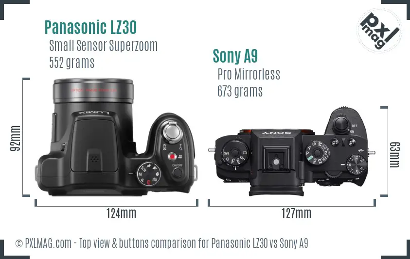 Panasonic LZ30 vs Sony A9 top view buttons comparison Panasonic LZ30 vs Sony A9 top view buttons comparison