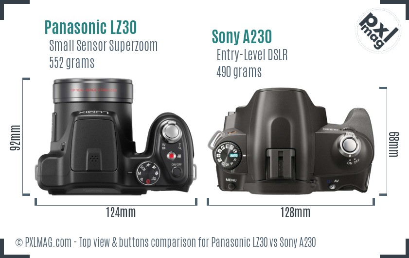 Panasonic LZ30 vs Sony A230 top view buttons comparison