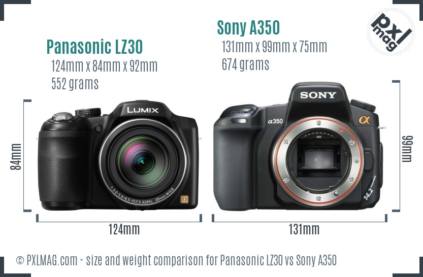 Panasonic LZ30 vs Sony A350 size comparison