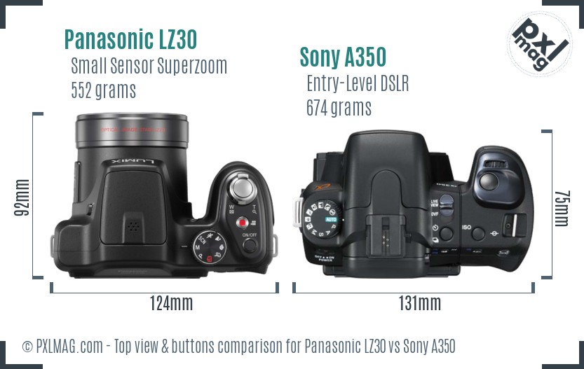 Panasonic LZ30 vs Sony A350 top view buttons comparison