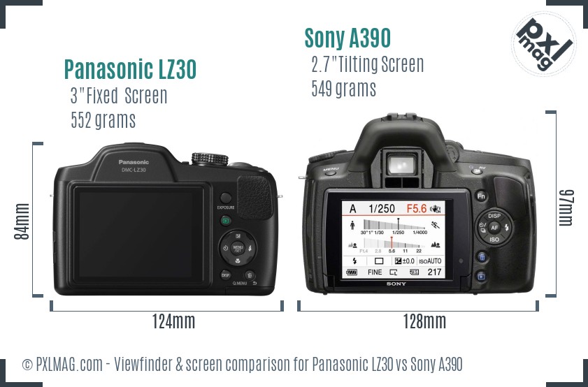 Panasonic LZ30 vs Sony A390 Screen and Viewfinder comparison