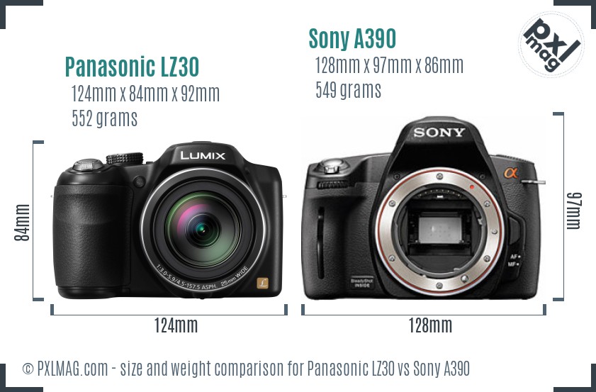 Panasonic LZ30 vs Sony A390 size comparison