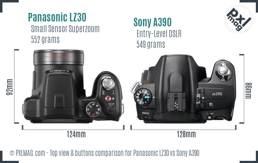 Panasonic LZ30 vs Sony A390 top view buttons comparison