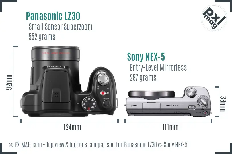 Panasonic LZ30 vs Sony NEX-5 top view buttons comparison Panasonic LZ30 vs Sony NEX-5 top view buttons comparison