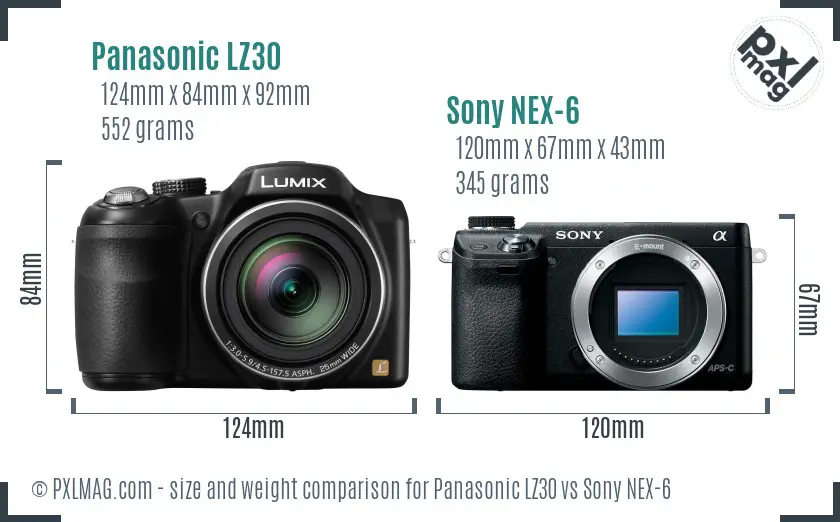 Panasonic LZ30 vs Sony NEX-6 size comparison