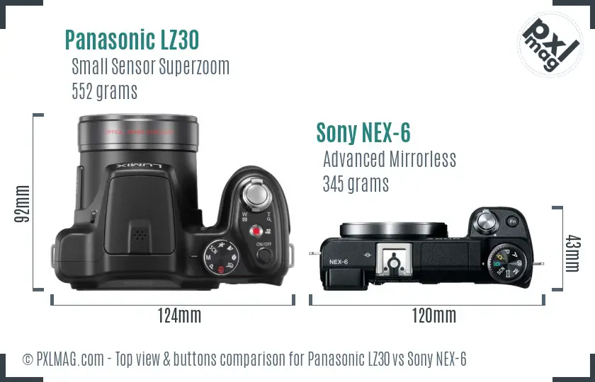 Panasonic LZ30 vs Sony NEX-6 top view buttons comparison