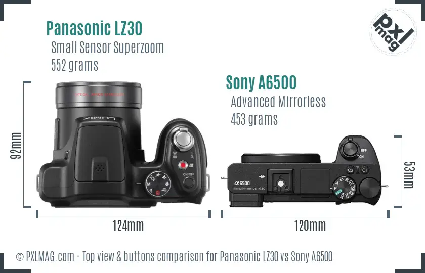 Panasonic LZ30 vs Sony A6500 top view buttons comparison