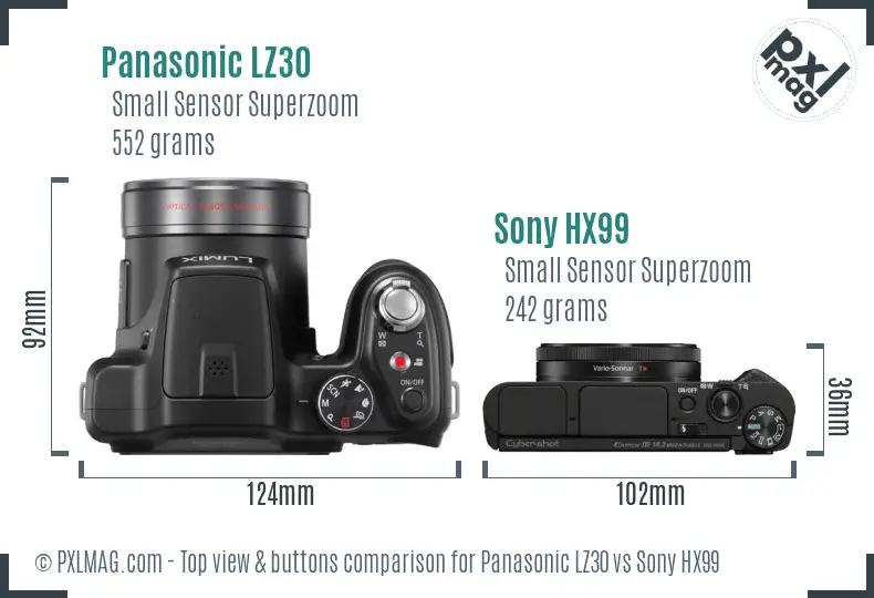 Panasonic LZ30 vs Sony HX99 top view buttons comparison