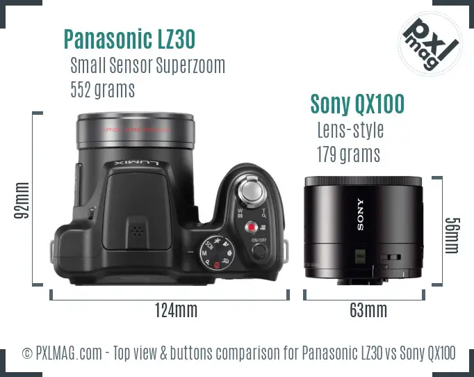 Panasonic LZ30 vs Sony QX100 top view buttons comparison