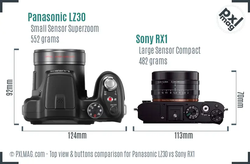 Panasonic LZ30 vs Sony RX1 top view buttons comparison