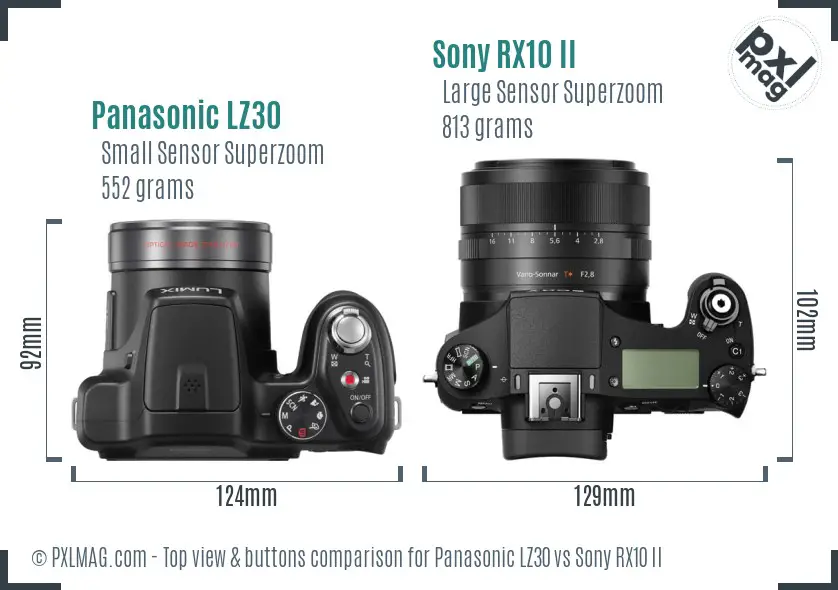 Panasonic LZ30 vs Sony RX10 II top view buttons comparison Panasonic LZ30 vs Sony RX10 II top view buttons comparison