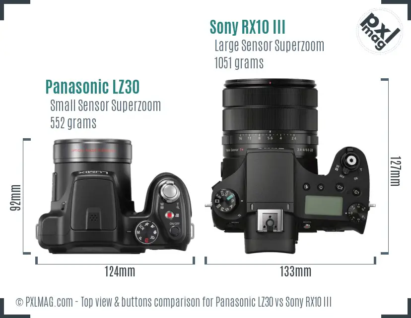 Panasonic LZ30 vs Sony RX10 III top view buttons comparison