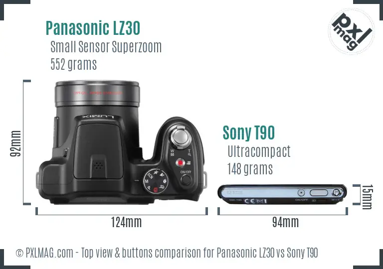 Panasonic LZ30 vs Sony T90 top view buttons comparison