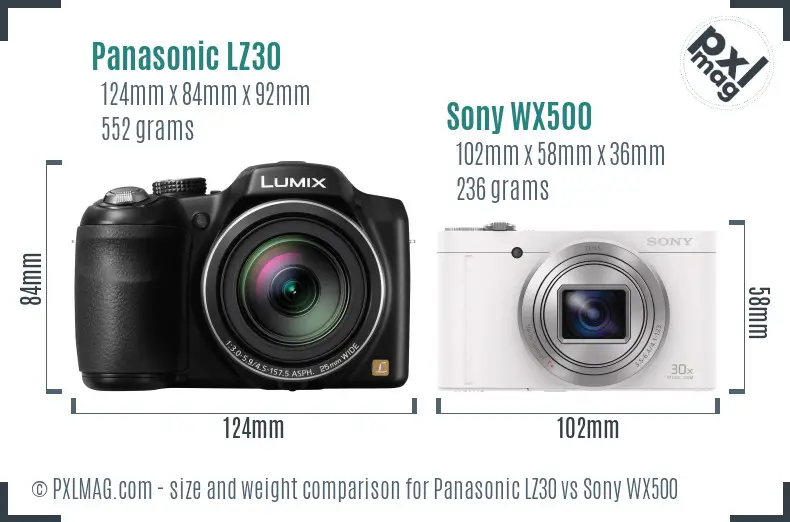 Panasonic LZ30 vs Sony WX500 size comparison