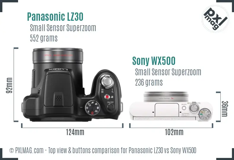 Panasonic LZ30 vs Sony WX500 top view buttons comparison