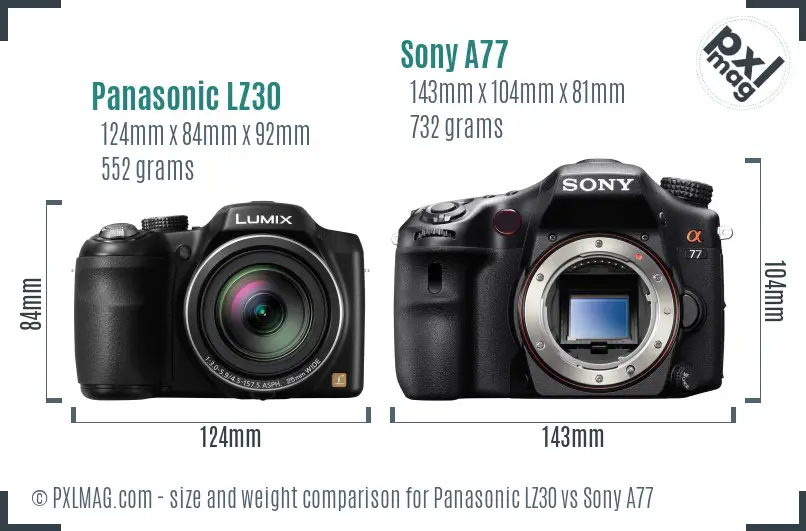 Panasonic LZ30 vs Sony A77 size comparison